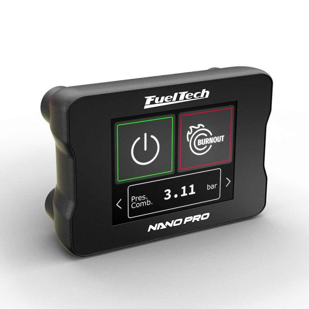 Fueltech NanoPRO, digital control device with display showing pressure and burnout indicators, black casing with touchscreen interface. Fueltech NanoPRO, digital control device with display showing pressure and burnout indicators, black casing with touchscreen interface.