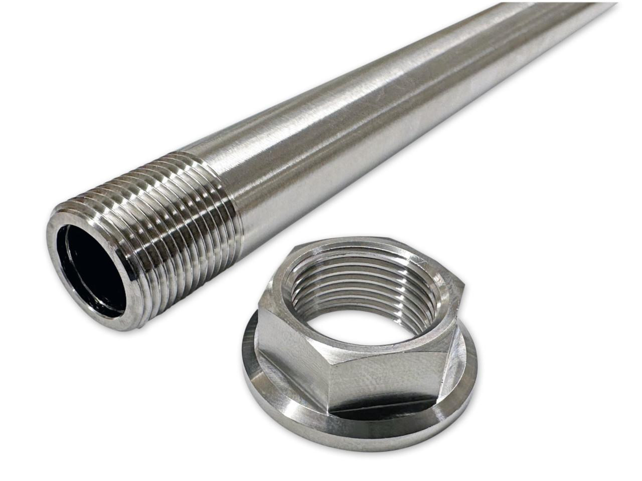 Ironless Innovations Titanium Swingarm Pivot Axle, Kawasaki ZX-14R (06-26), metal motorcycle part with threaded end and hexagonal nut for bicycle or motorcycle suspension component.