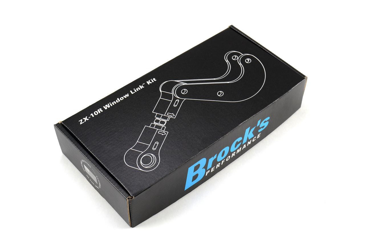 Brocks Performance Brocks Window Lowering Link Kawasaki ZX10R (16-20) Drag Racing Applications, product packaging of a motorcycle window lowering link kit with a black box and white diagram. Brocks Performance Brocks Window Lowering Link Kawasaki ZX10R (16-20) Drag Racing Applications, product packaging of a motorcycle window lowering link kit with a black box and white diagram.