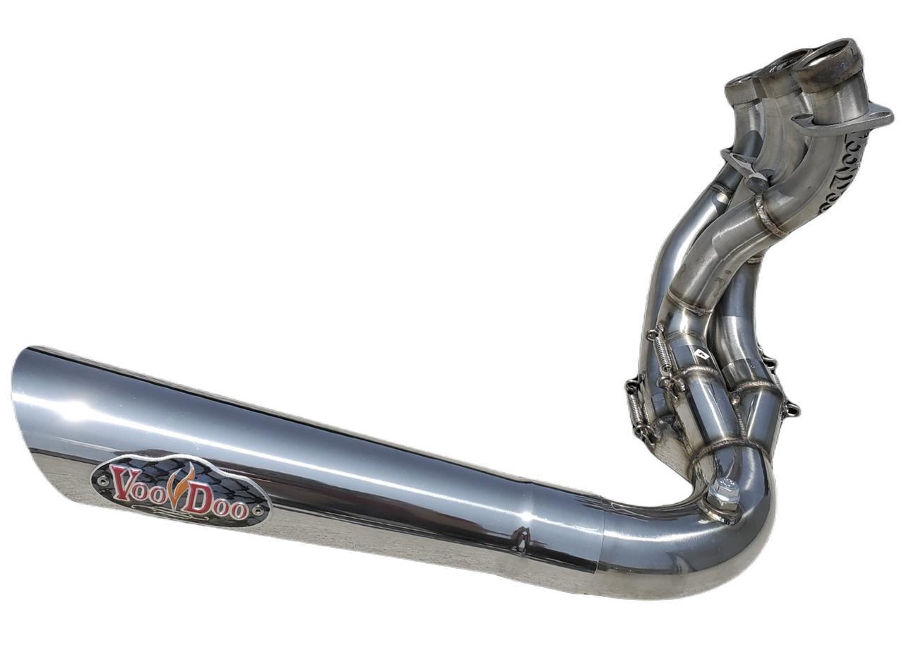 VooDoo Sidewinder Exhaust Suzuki GSXR1000 (01-06) Slash Cut, shiny metallic motorcycle exhaust pipe with VooDoo logo.
