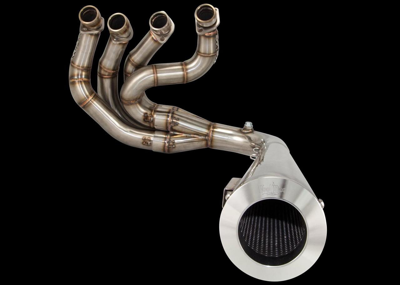 VooDoo Sidewinder Exhaust Suzuki GSX1300R Hayabusa (22-25), a high-performance motorcycle exhaust with a sleek metallic finish and multiple exhaust pipes designed for Suzuki GSX1300R Hayabusa models from 2022 to 2025.