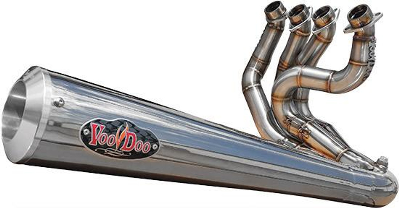 VooDoo Sidewinder Exhaust Suzuki GSX1300R Hayabusa (22-25), shiny chrome motorcycle exhaust pipe with four outlets and VooDoo logo