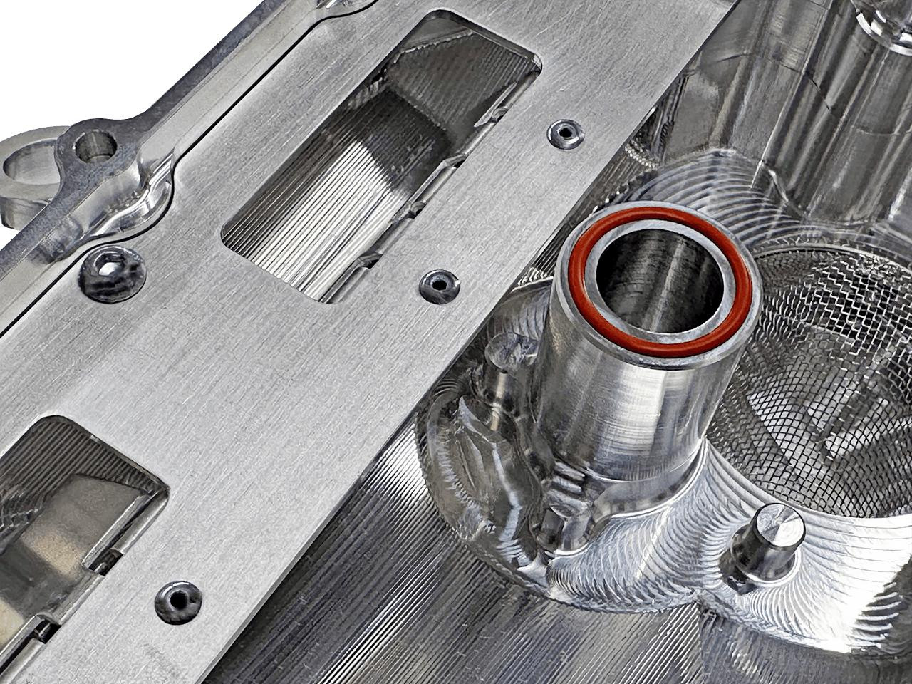 Brutal Performance Low Profile Billet Oil Pan Suzuki GSXR1000 (17-25) Direct Pickup, close-up of aluminum oil pan with machined finish and precise detailing of the direct pickup tube.
