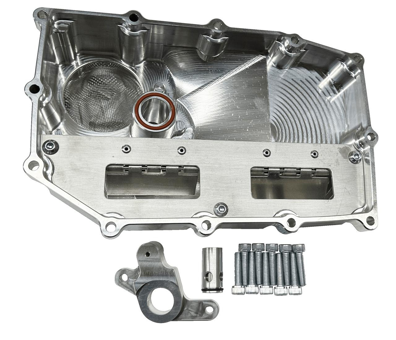 Brutal Performance Low Profile Billet Oil Pan Suzuki GSXR1000 (17-25) Direct Pickup, metallic engine oil pan with mounting hardware.