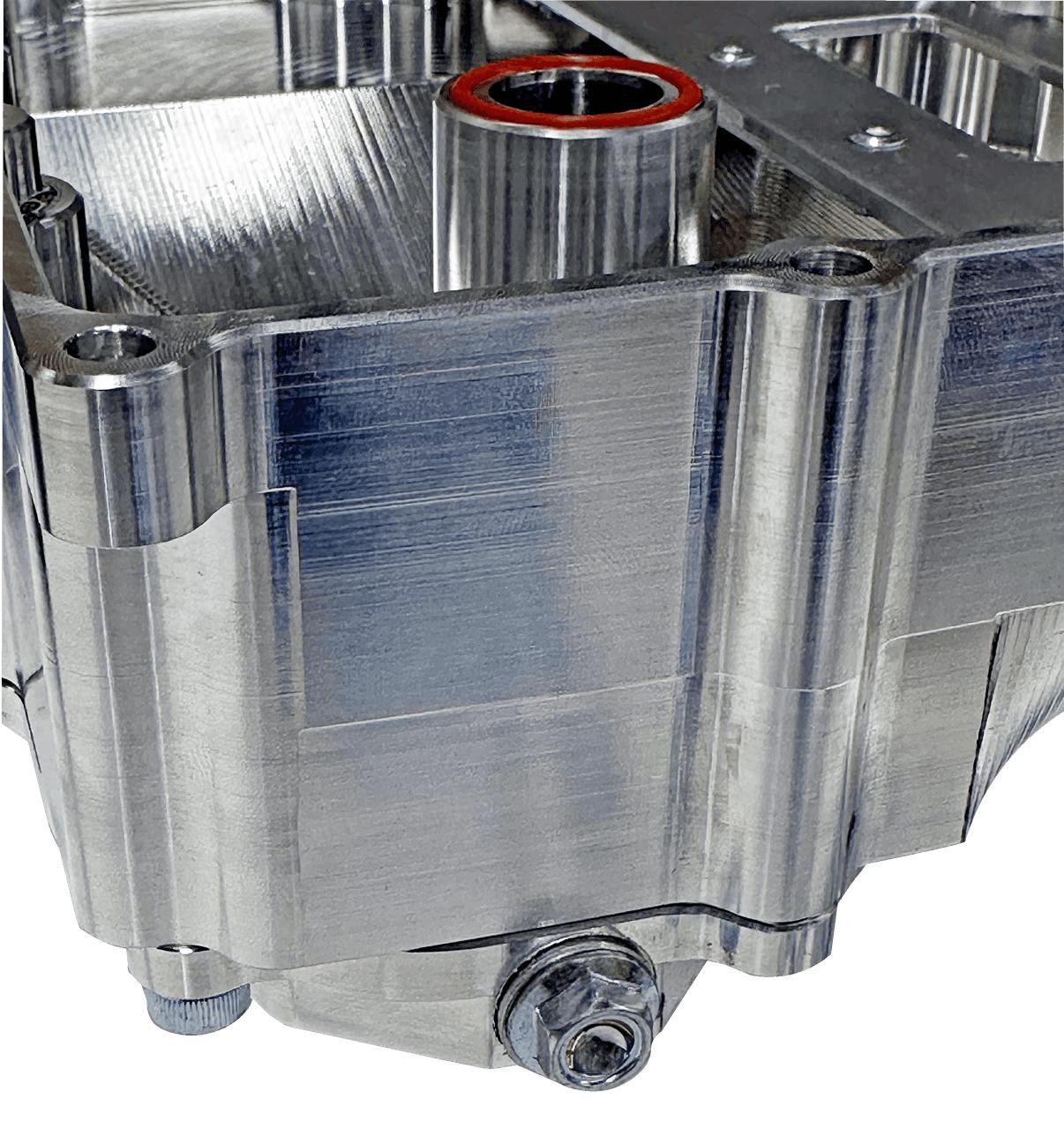 Brutal Performance Low Profile Billet Oil Pan Suzuki GSXR1000 17-25, showcase of the metallic billet oil pan with a polished finish and red gasket inside the opening.