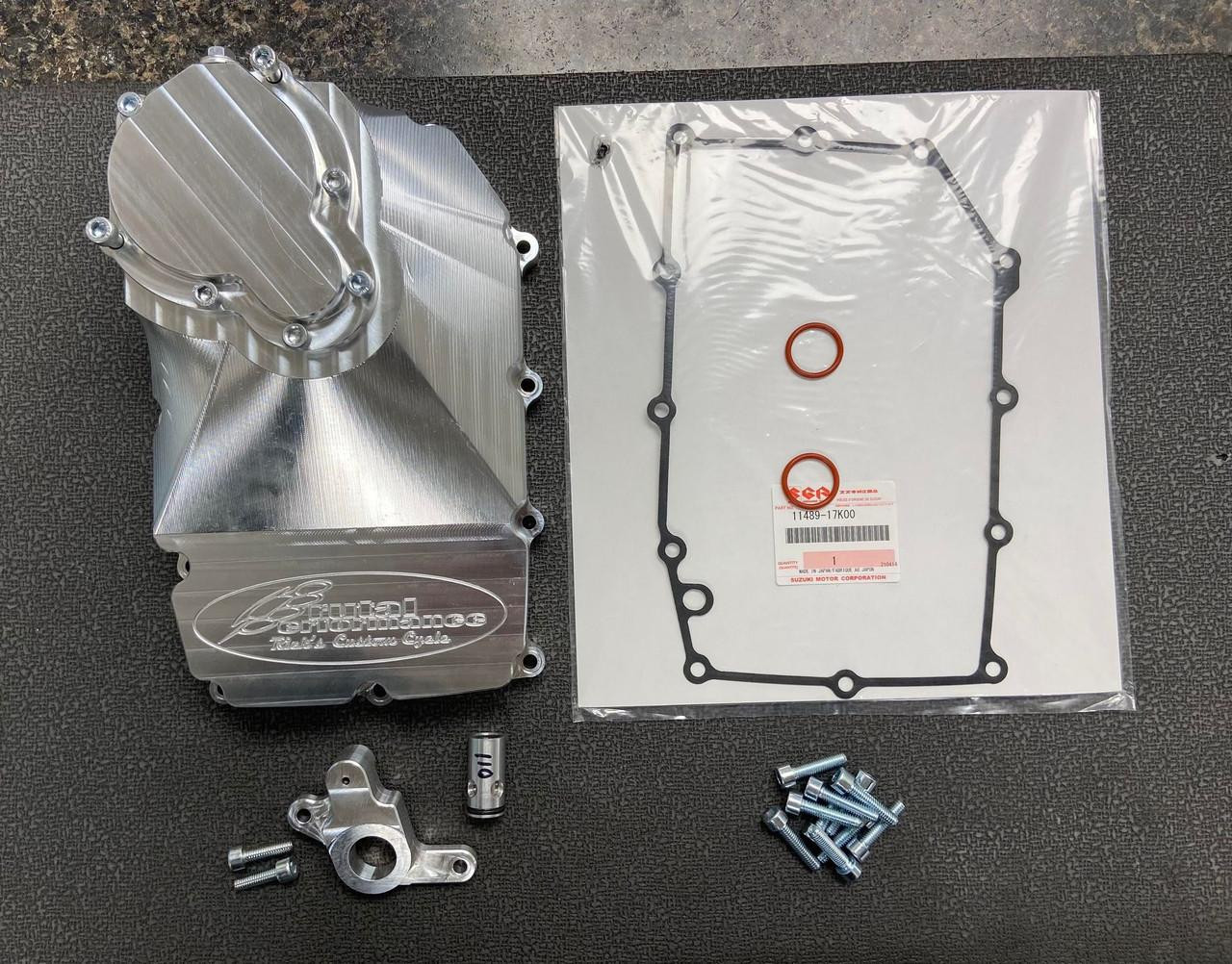 Brutal Performance Low Profile Billet Oil Pan Suzuki GSXR1000 17-25, metal oil pan with mounting hardware and gasket set on black background.