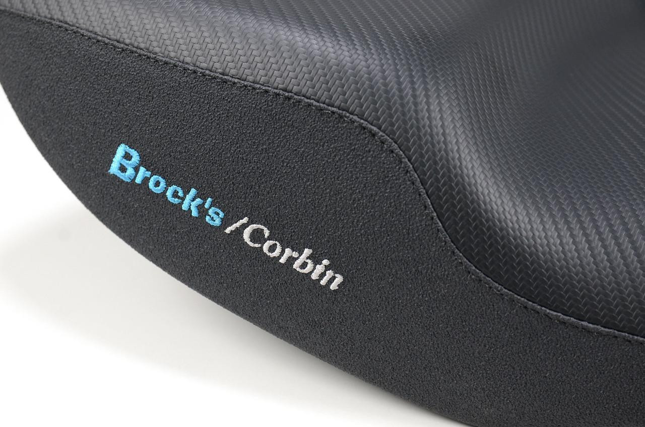 Brocks Performance Custom Corbin Seat Suzuki Hayabusa (22-25), close-up view of the motorcycle seat showcasing the textured black surface and embroidered logo.