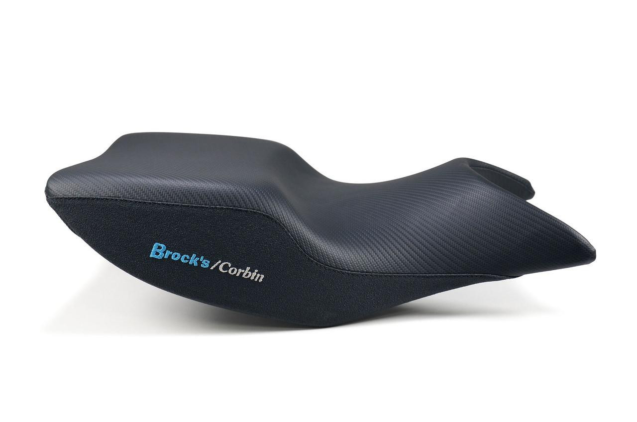Brock's Performance Custom Corbin Seat Suzuki Hayabusa 22-26, black motorcycle seat with textured surface and blue embroidered logo.