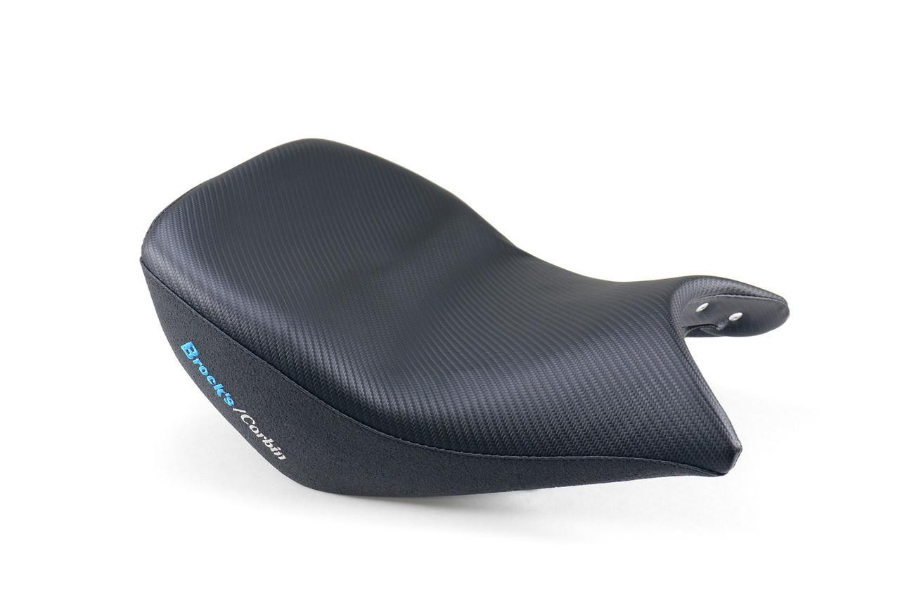 Brocks Performance Custom Corbin Seat BMW S1000RR (12-19) HP4 (12-15), black textured motorcycle seat with blue and white logo branding.