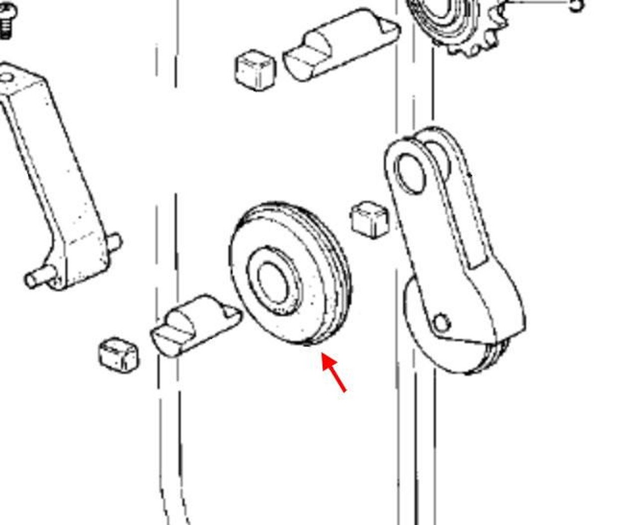 Kawasaki OEM Rubber Cam Chain Roller KZ900-KZ1000, technical diagram showing the rubber roller with red arrow pointing to it.