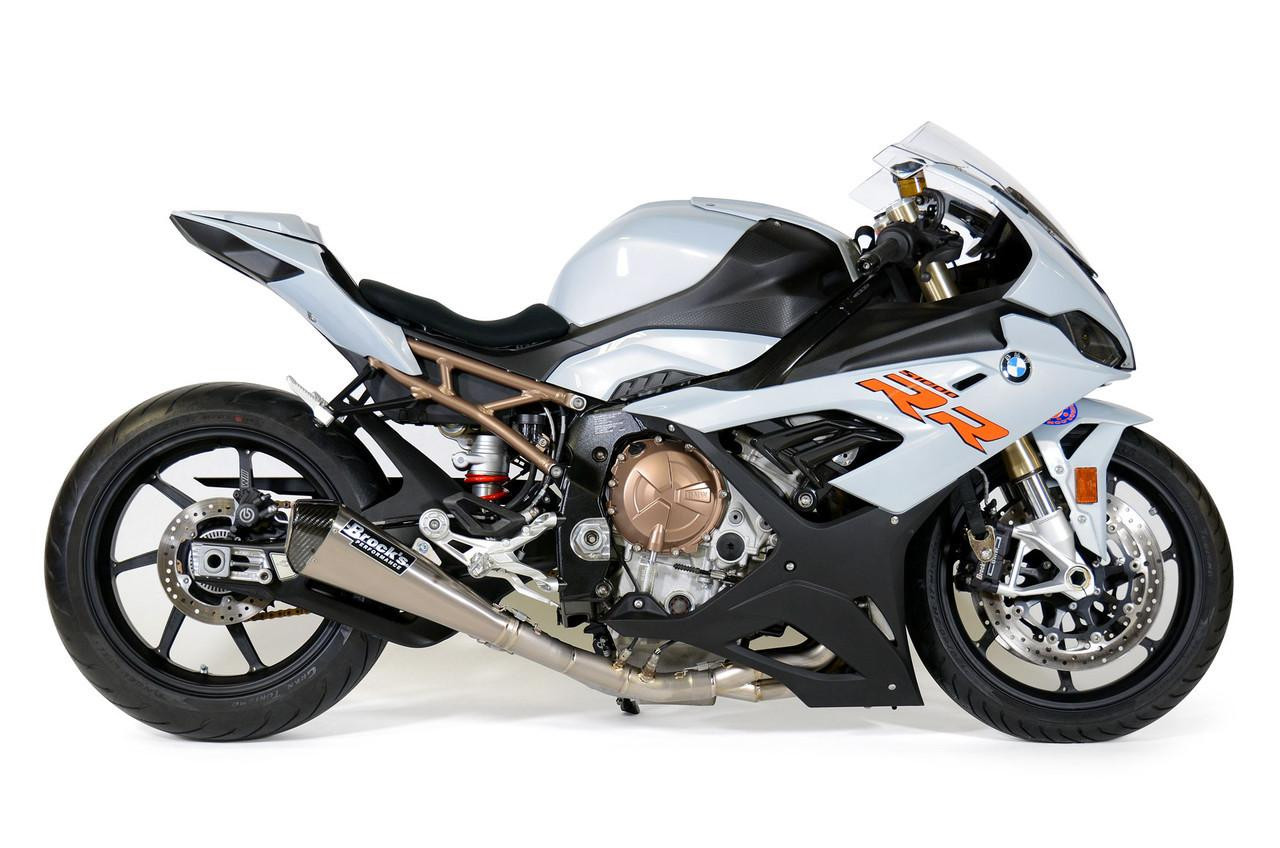 Brocks Performance Brocks CT Megaphone Full System with 17-inch Muffler for BMW S1000RR 2020-2025, motorcycle exhaust system with sleek black and gold finish.