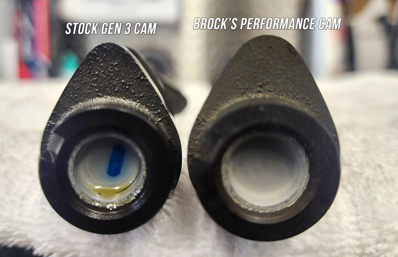 Brocks Performance Super Stock Camshaft Set Suzuki Hayabusa (22-25), close-up of two camshafts showing the different designs of the stock Gen 3 cam and Brock's performance cam.