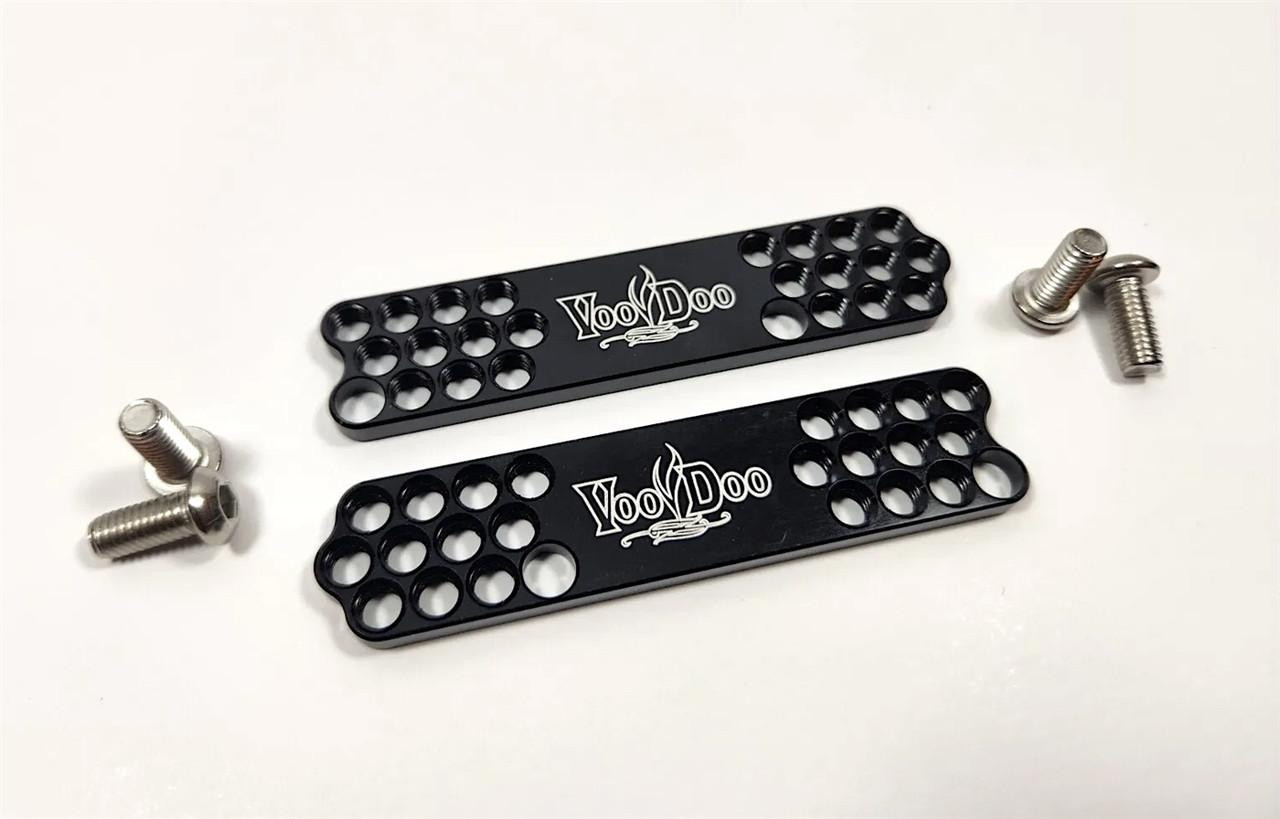 VooDoo Voodoo Front Fender Lowering Bracket Suzuki Hayabusa (99-21) GSXR1000 (01-08), black metal front fender lowering brackets with multiple holes and silver screws for motorcycle customization.