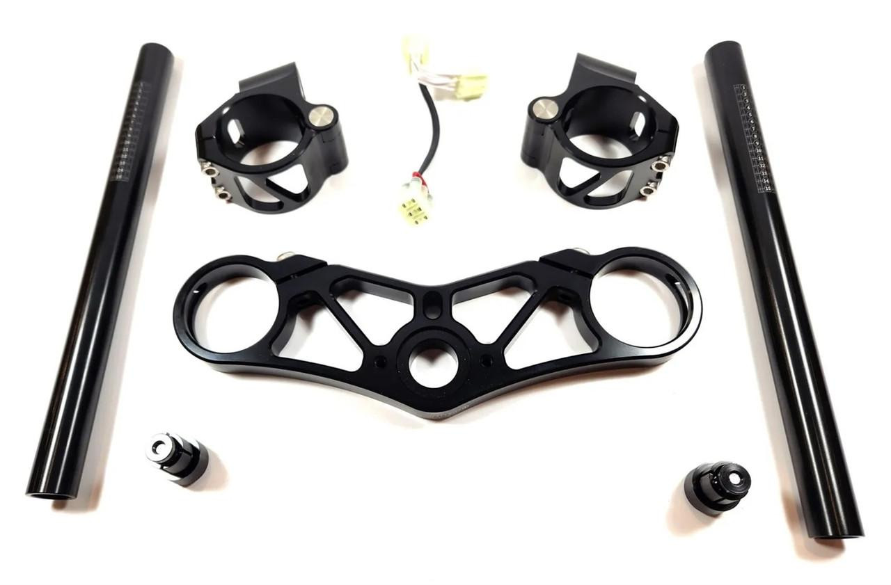 VooDoo Voodoo Top Triple Clamp Complete Kit Suzuki Hayabusa (99-25), black motorcycle handlebar clamp set with mounting hardware and handlebars.