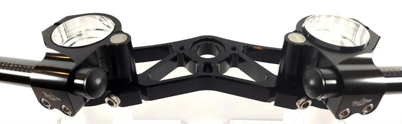 VooDoo Voodoo Top Triple Clamp Complete Kit Suzuki Hayabusa (99-25), motorcycle handlebar triple clamp with black finish and mounting points for headlight and handlebars.