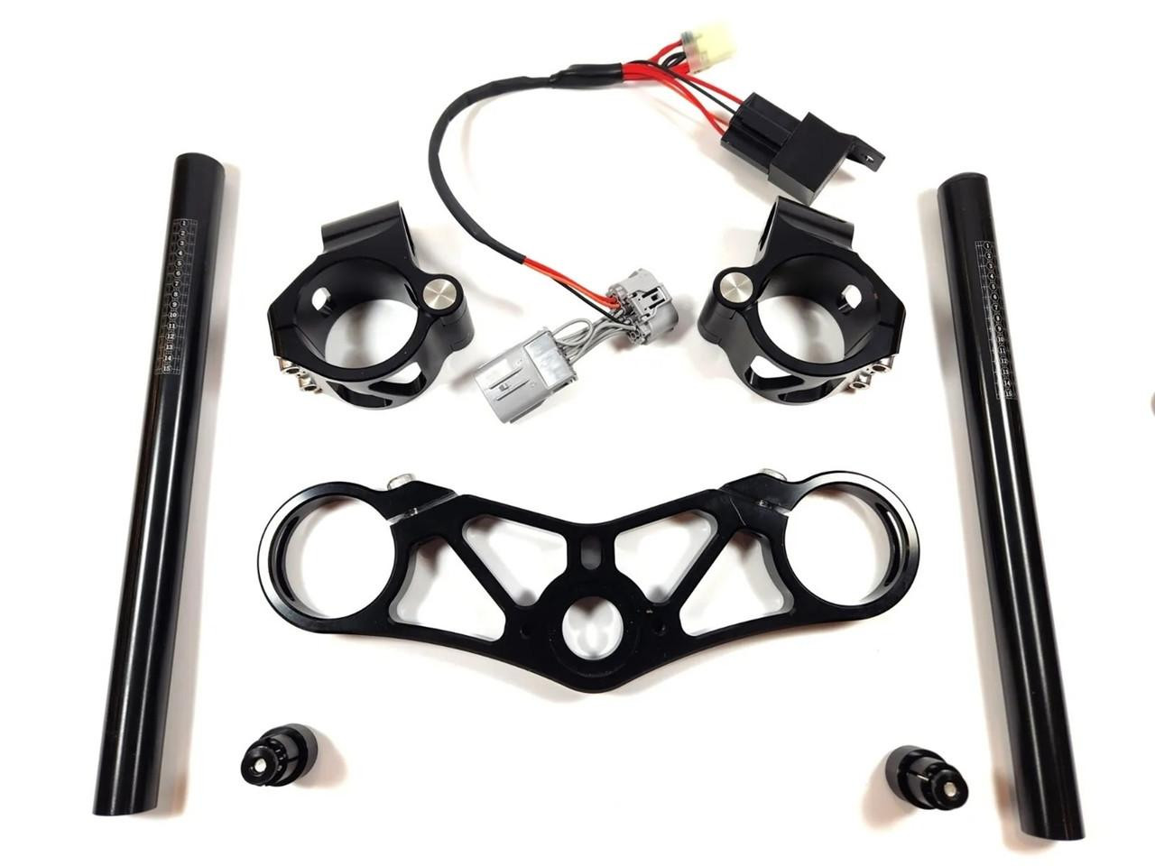 VooDoo Voodoo Top Triple Clamp Complete Kit Suzuki Hayabusa (99-25), motorcycle handlebar components and accessories arranged for display.
