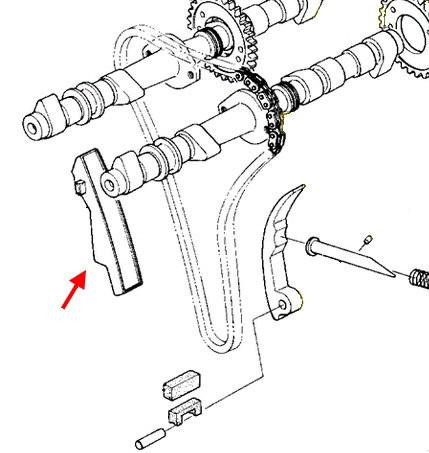 Kawasaki OEM Front Cam Chain Guide KZ1000 J, illustration showing the front cam chain guide component in a mechanical diagram with related engine parts.