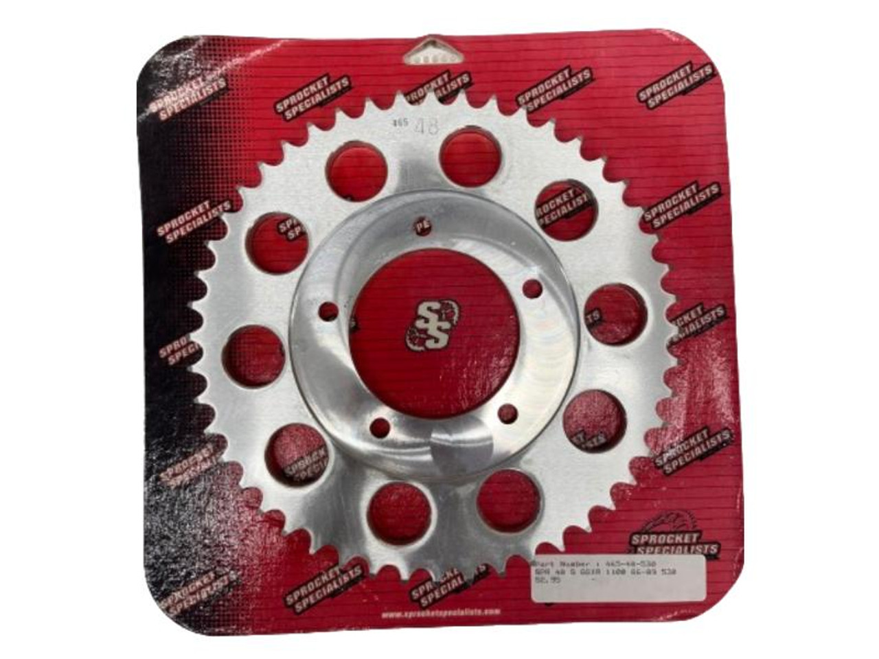 Sprocket Specialists 530-48 Tooth Sprocket GSXR1100, silver-colored motorcycle sprocket with 48 teeth on red packaging.