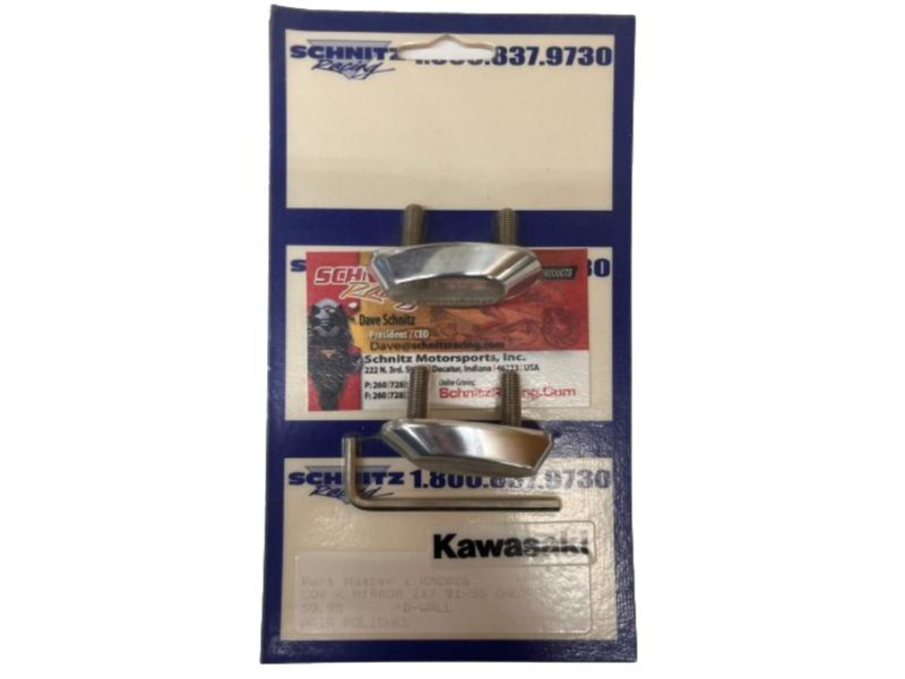 Polished Mirror Block Off Plates Kawasaki ZX7 (91-96), shiny metal motorcycle mirror block off plates with mounting screws on blue packaging. Polished Mirror Block Off Plates Kawasaki ZX7 (91-96), shiny metal motorcycle mirror block off plates with mounting screws on blue packaging.