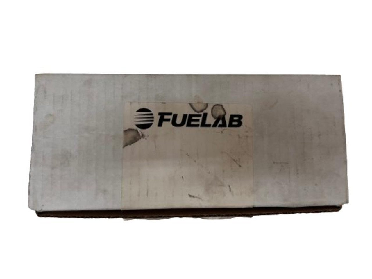 FueLab 8AN 40-Micron High Flow Long Fuel Filter with Check Valve, product box with logo.
