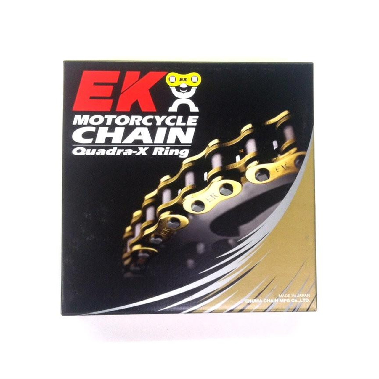 EK Chain 530 ZVX-3 X-Ring, a gold-colored motorcycle chain in packaging with black and gold design.