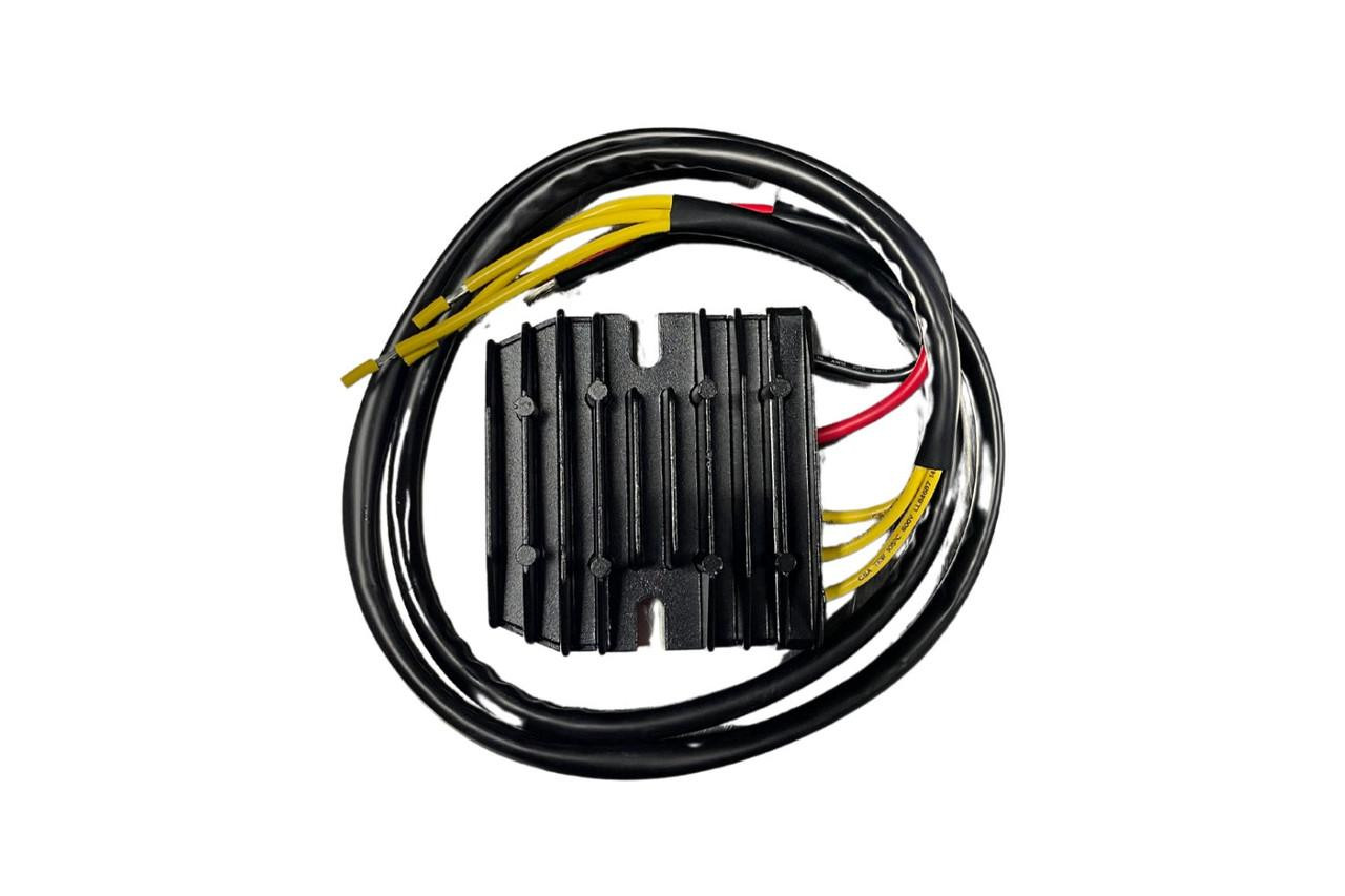 Full Spectrum Power Moto Regulator-Rectifier 16v Lithium Batteries, motorcycle electronic component with wiring harness and heat sink.
