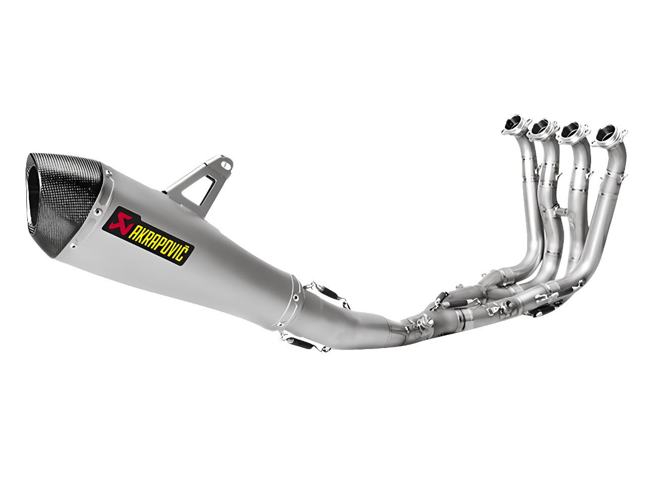 Akrapovic Racing GP Exhaust System BMW S1000RR (15-19), polished stainless steel motorcycle exhaust with multiple headers and a carbon fiber end cap.