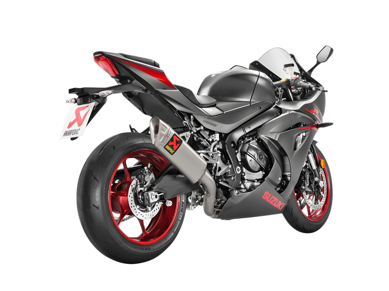 Akrapovic Racing GP Exhaust System Suzuki GSXR1000R (17-25), motorcycle with a sleek black and red design, featuring a stylish exhaust system and racing-inspired details.