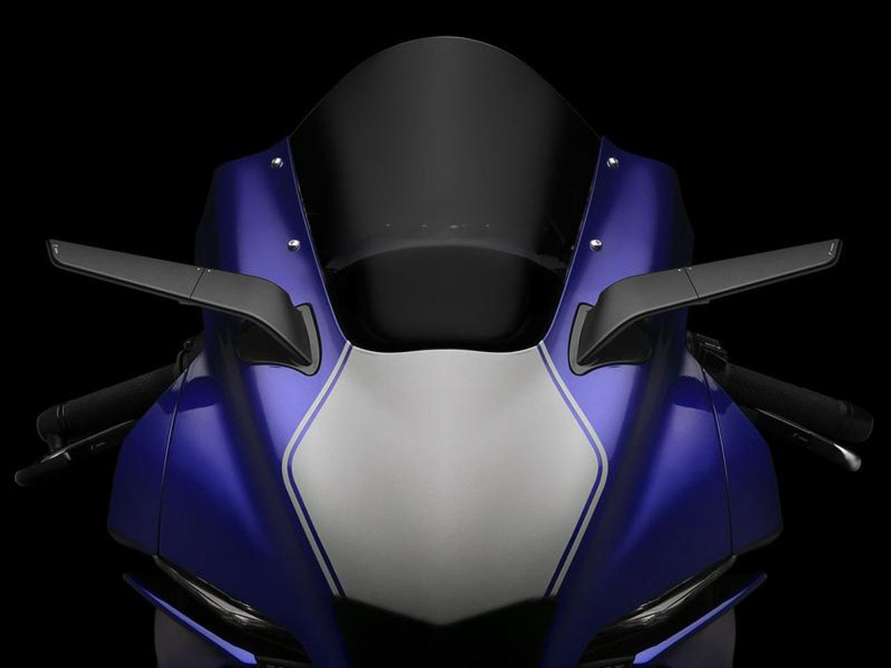 Rizoma Stealth Supersport Mirrors Yamaha YZF-R1 (20-24), front view of blue and black sport motorcycle with sleek mirrors.