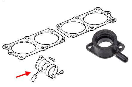 Kawasaki OEM Left Side Carburetor Holder KZ900-KZ1000, image showing the carburetor holder, gasket, and mounting hardware.