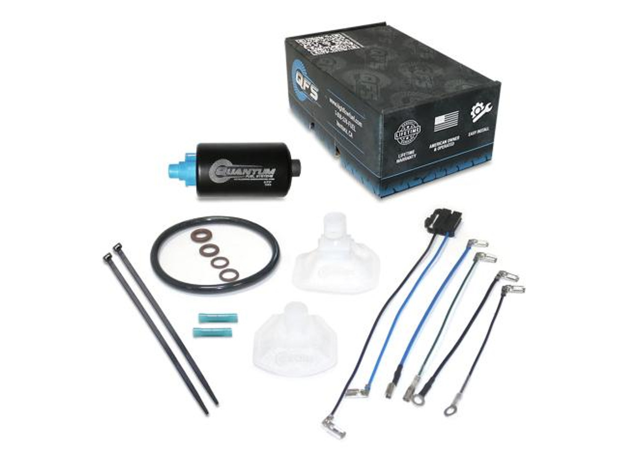 Quantum Fuel Systems Quantum Replacement Fuel Pump Yamaha YZF-R1 (15-24), image showing the fuel pump, installation kit, hoses, and box.