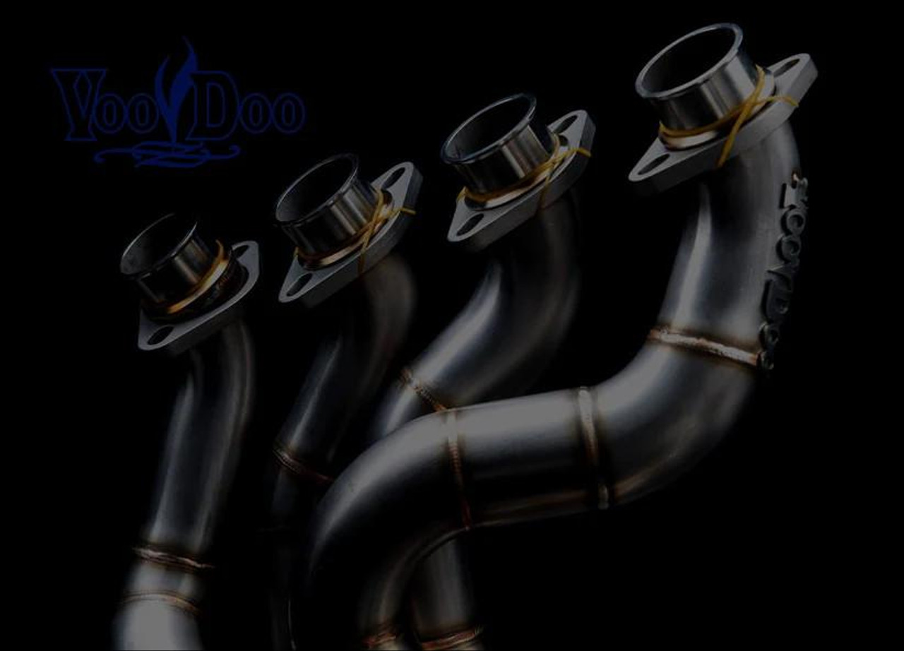 VooDoo Big Tube Black Sidewinder Exhaust for Suzuki GSXR1000 (07-25), black metal motorcycle exhaust pipes with curved design and mounting flanges.