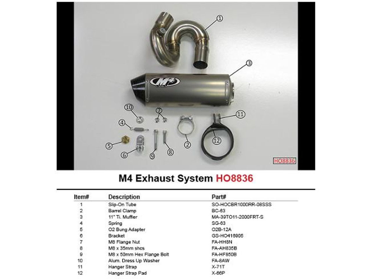 M4 Performance Exhausts M4 Street Slayer Titanium Slip On Exhaust for Honda CBR1000RR (2008-2016), with various components including titanium muffler, stainless steel pipe, clamps, and mounting hardware laid out.