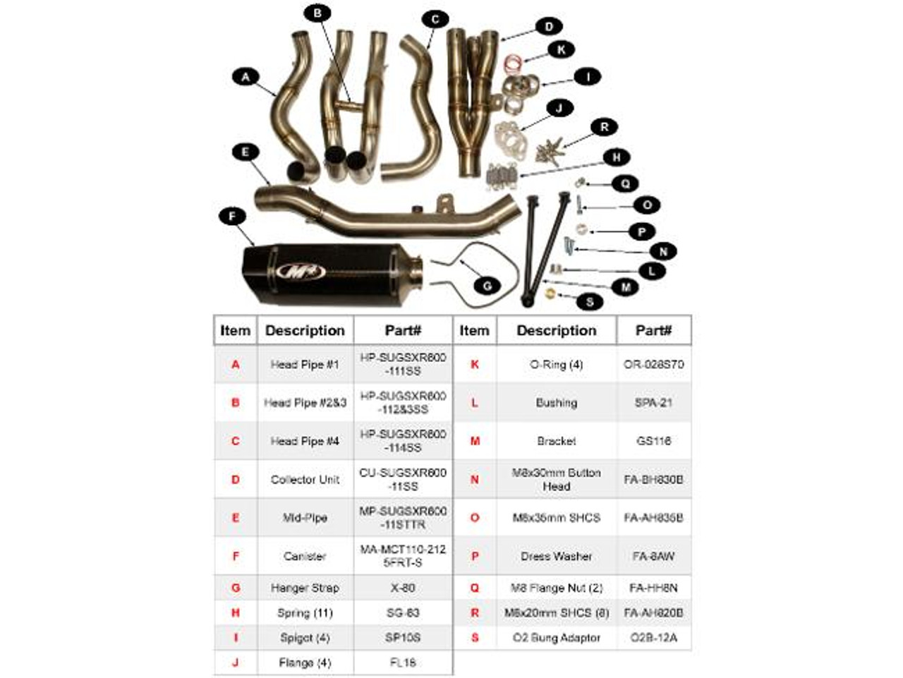 M4 Performance Exhausts M4 Tech1 Full Carbon Fiber Exhaust Titanium Midpipe Suzuki GSXR600/750 (11-26), technical diagram of components and parts.