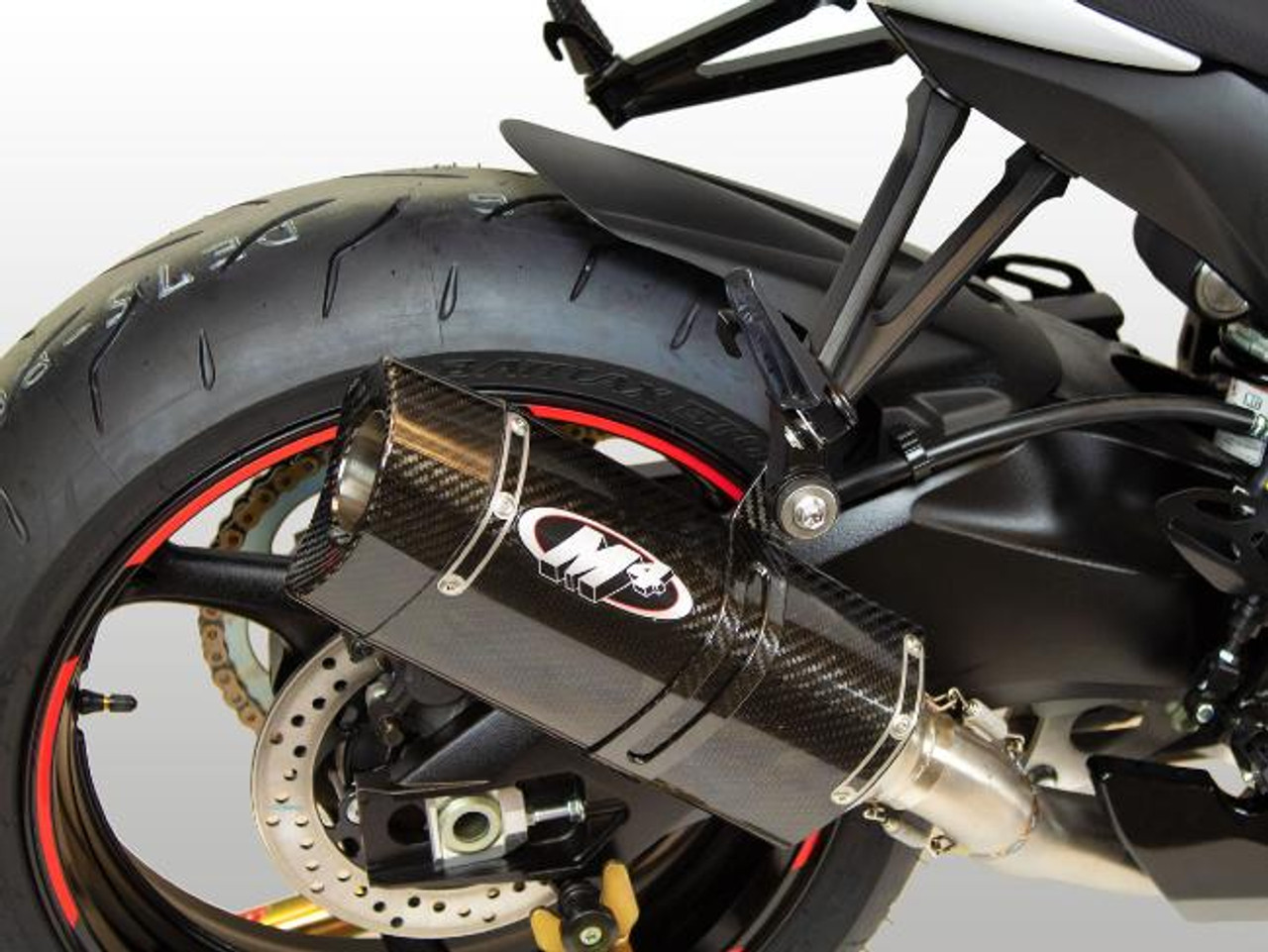 M4 Performance Exhausts M4 Tech1 Full Carbon Fiber Exhaust Titanium Midpipe for Suzuki GSXR600/750 (11-26), showing high-performance carbon fiber and titanium exhaust system mounted on a motorcycle.