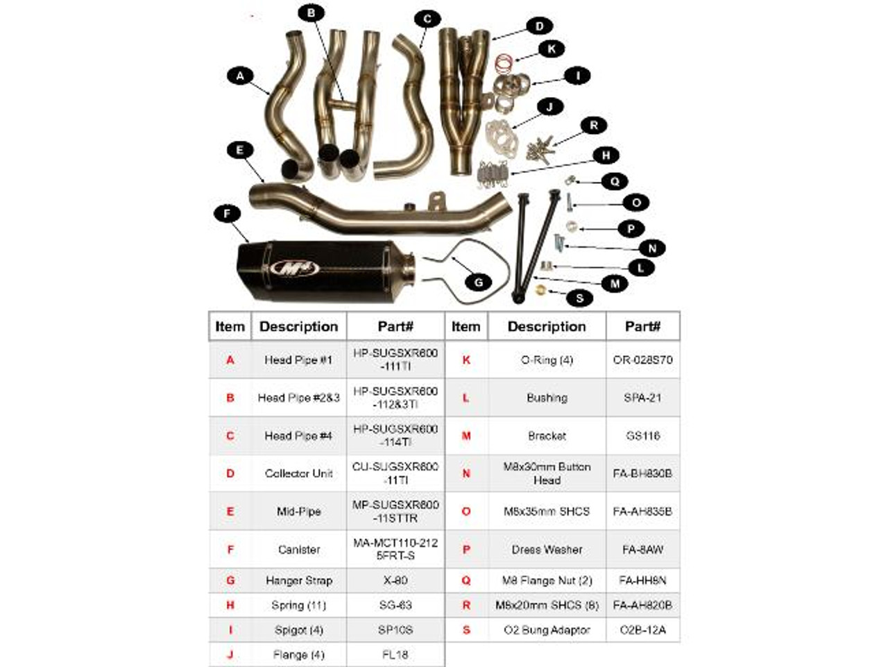 M4 Performance Exhausts M4 Tech1 Carbon Exhaust All Titanium Suzuki GSXR600/750 (11-24), image showing exploded view of the exhaust system with labeled parts and a detailed parts list.
