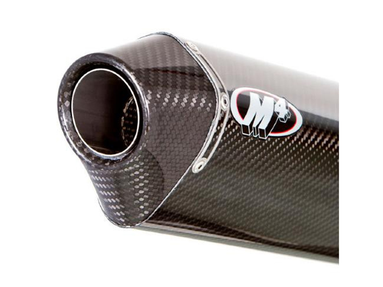 M4 Performance Exhausts M4 Tech1 Carbon Exhaust Suzuki GSXR1000 (12-16), close-up of the black carbon fiber exhaust pipe with the M4 logo.