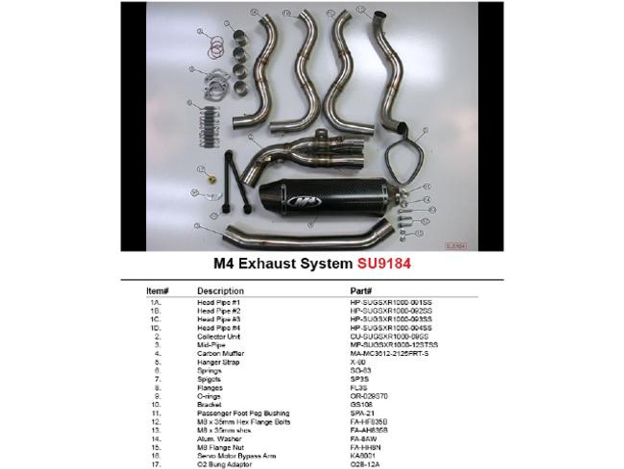 M4 Performance Exhausts M4 Tech1 Carbon Exhaust Suzuki GSXR1000 (12-16), image of a complete motorcycle exhaust system with multiple pipes, a carbon fiber muffler, and various mounting hardware.