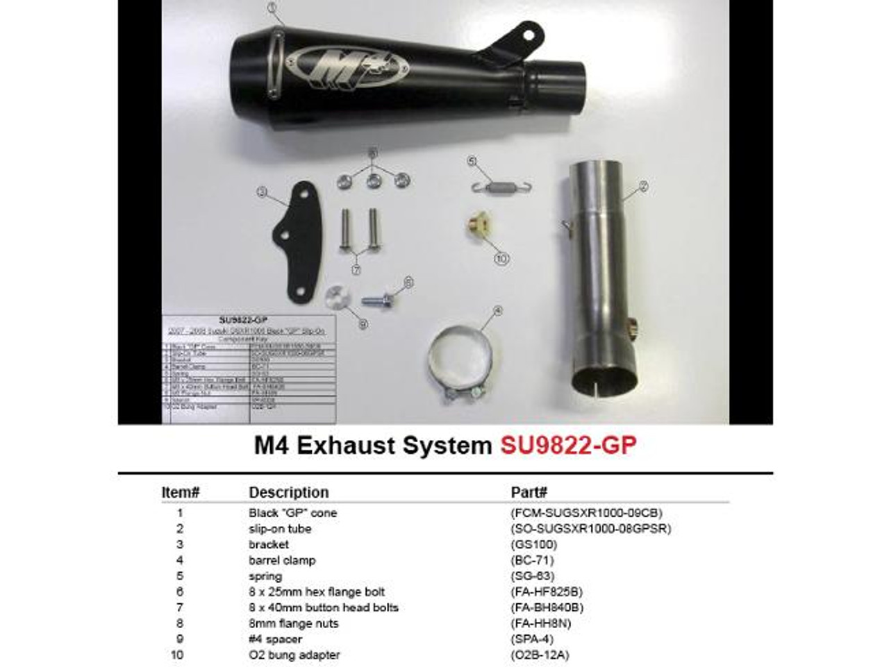 M4 Performance Exhausts M4 GP Black Slip On Exhaust Suzuki GSXR1000 (07-08), exploded view of the exhaust system parts including the black GP cone, slip-on tube, bracket, barrel clamp, spring, flange bolts, flange nuts, spacer, and O2 bung adapter.