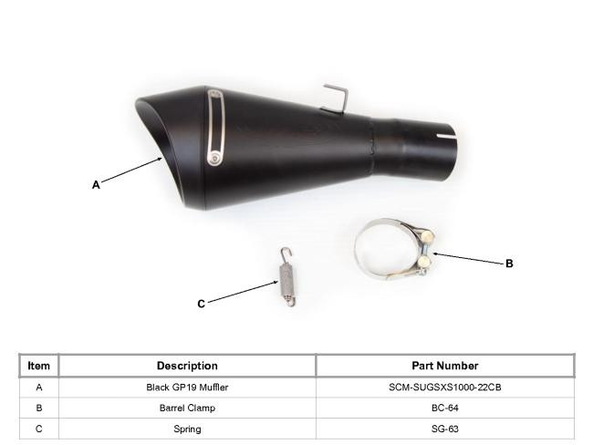 M4 Performance Exhausts M4 GP Black Slip On Exhaust Suzuki GSX-S1000 (21-24), black exhaust muffler with a silver hinge and mounting bracket, along with a barrel clamp and spring for installation.