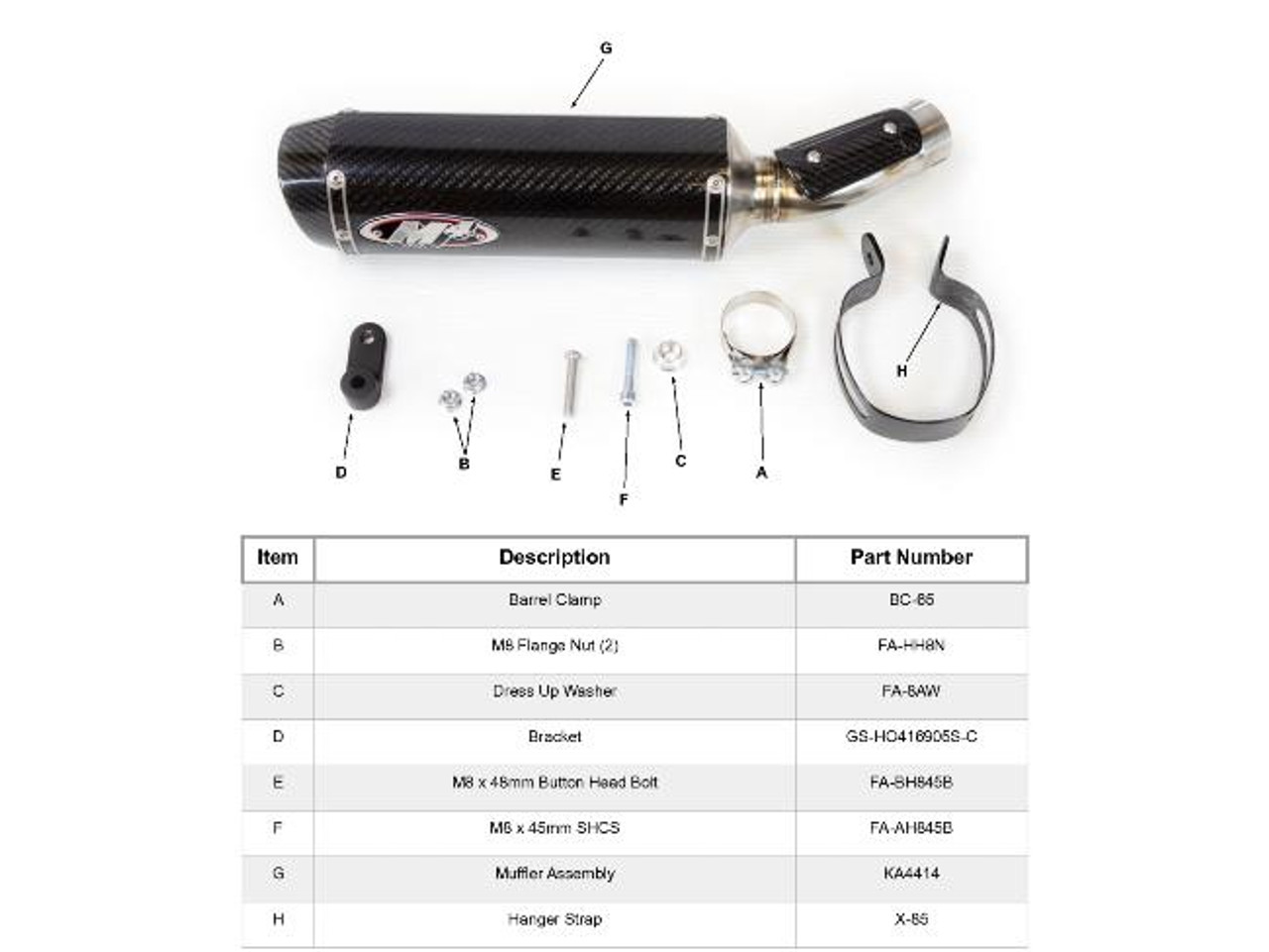M4 Performance Exhausts M4 X-96 Carbon Fiber Slip On Exhaust Kawasaki ZX-4RR (23-25), image of a black carbon fiber slip-on exhaust with mounting hardware components laid out below.