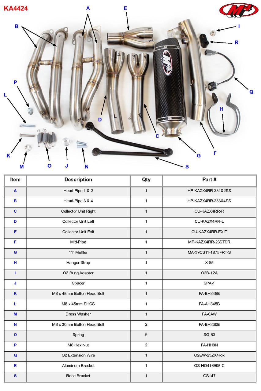 M4 Performance Exhausts M4 X-96 Carbon Fiber Full Exhaust Kawasaki ZX-4RR (23-25), with components including headers, collector units, mid-pipe, muffler, brackets, adapters, and hardware for motorcycle performance upgrade.