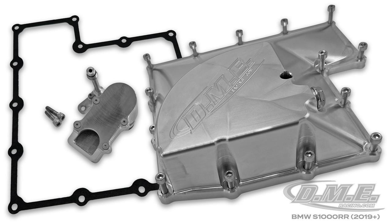 DME Low Profile Billet Oil Pan BMW S1000RR (19-25), metallic oil pan with gasket and mounting screws for motorcycle engine.