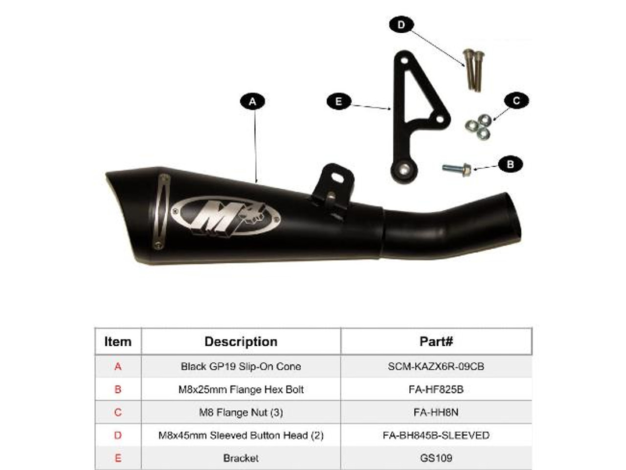 M4 Performance Exhausts M4 GP Black Slip On Exhaust Kawasaki ZX-6R (09-25), image showing the components including the black slip-on exhaust, bracket, bolts, nuts, and screws arranged for installation.
