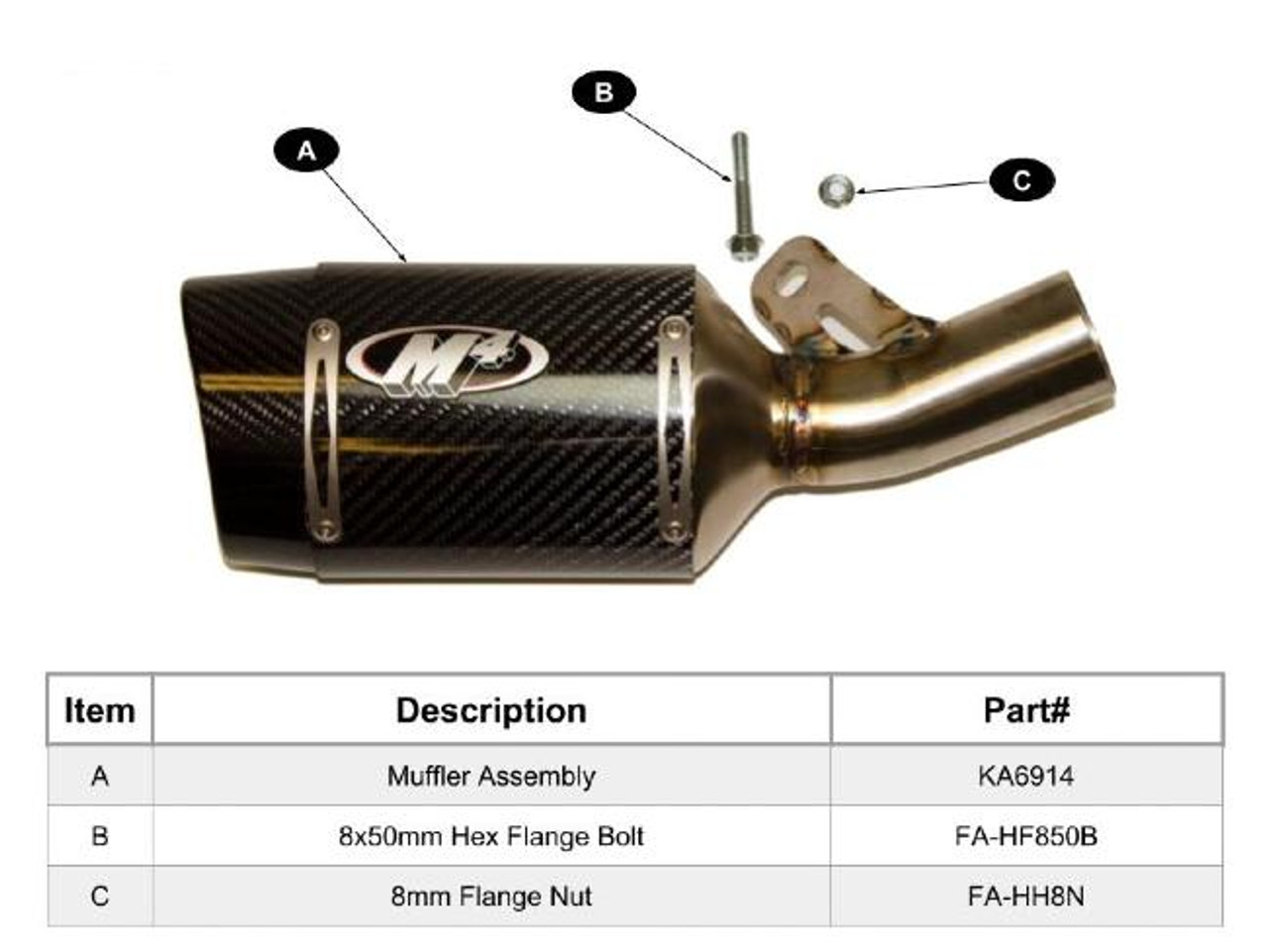 M4 Performance Exhausts M4 Carbon Fiber Street Slayer Slip On Kawasaki ZX-6R (09-25), close-up of the exhaust with labels for muffler assembly, hex flange bolt, and flange nut.