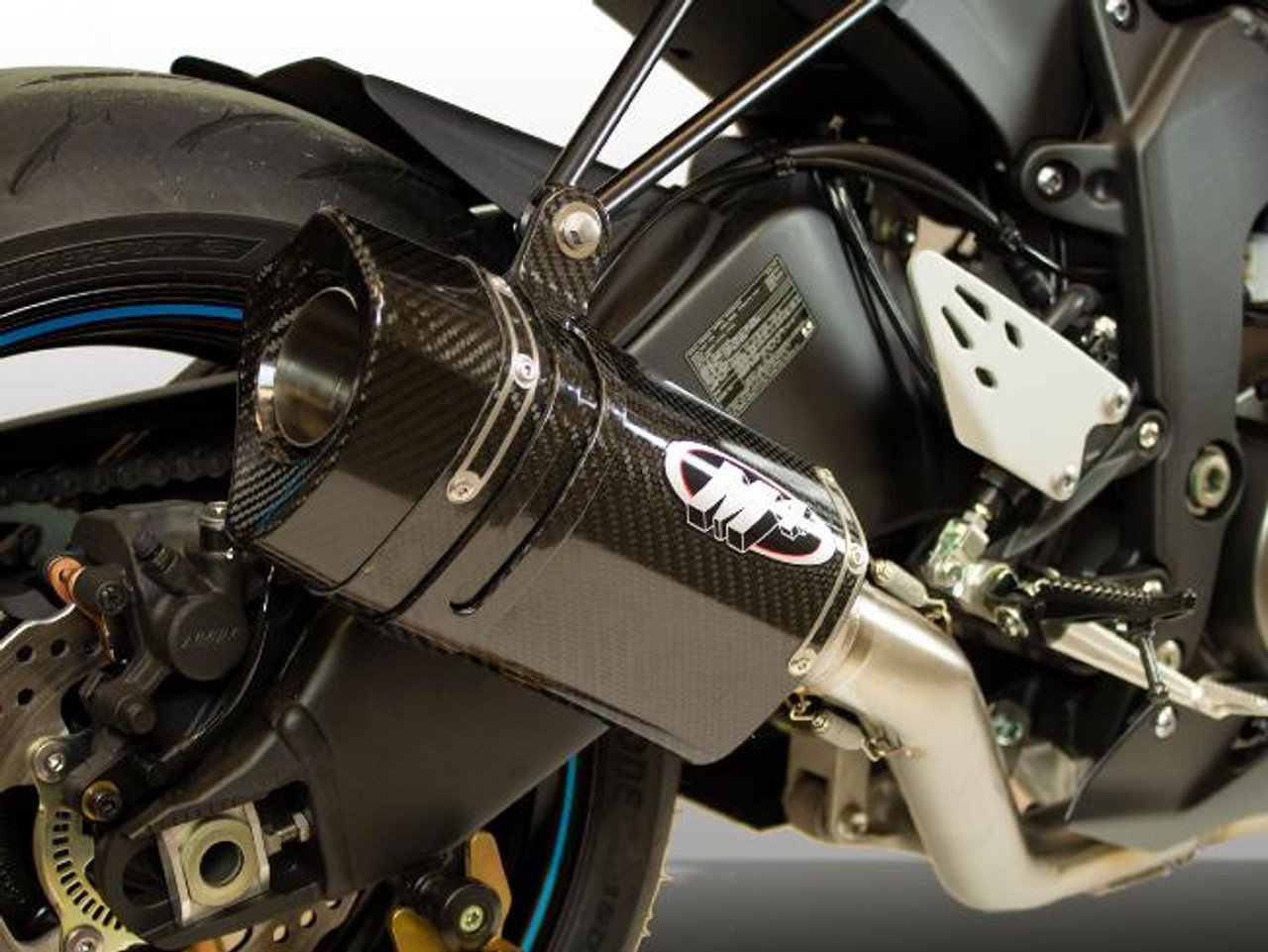 M4 Performance Exhausts M4 Tech1 Carbon Exhaust Kawasaki ZX-6R (09-25), motorcycle exhaust system with carbon fiber finish on a Kawasaki ZX-6R.
