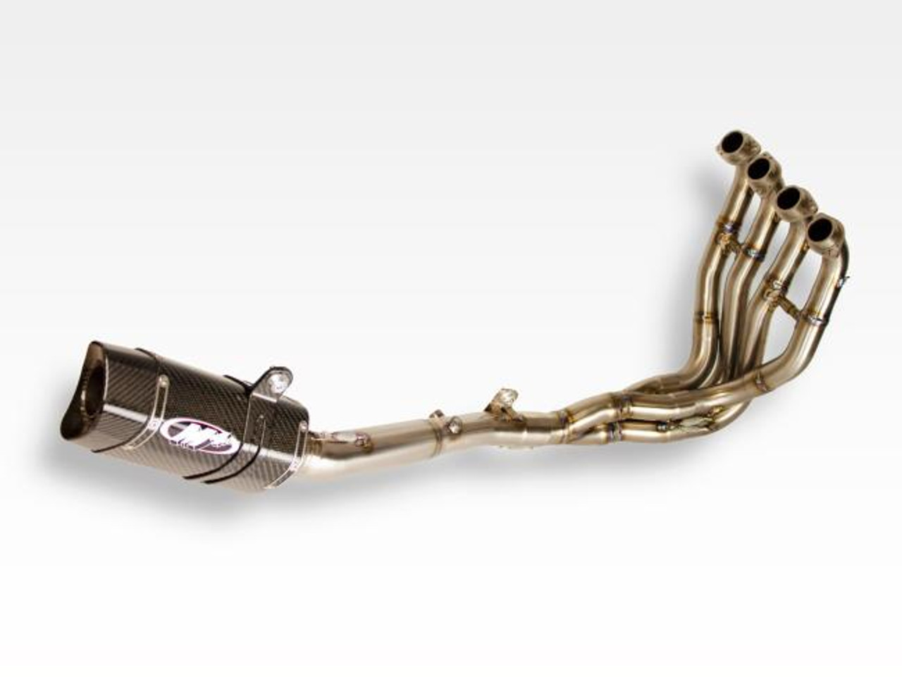 M4 Performance Exhausts M4 Tech1 Carbon Exhaust Kawasaki ZX-10R (16-25), motorcycle performance exhaust system with carbon fiber muffler and multiple exhaust pipes for enhanced bike performance.