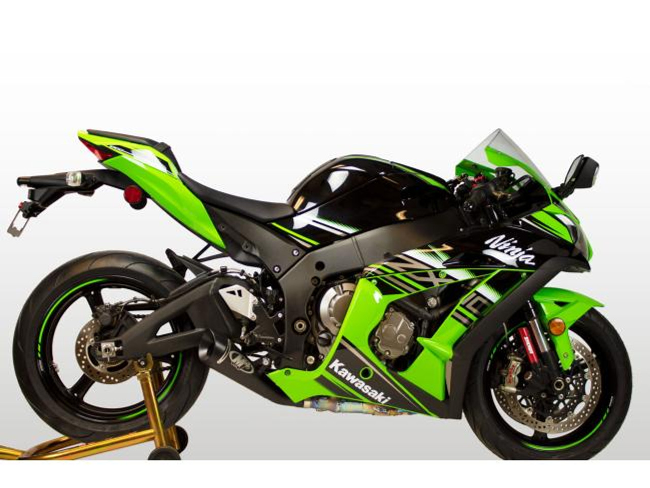 M4 Performance Exhausts M4 GP Black Slip On Exhaust Kawasaki ZX-10R (16-20), black and green motorcycle with Kawasaki branding and aftermarket exhaust system.