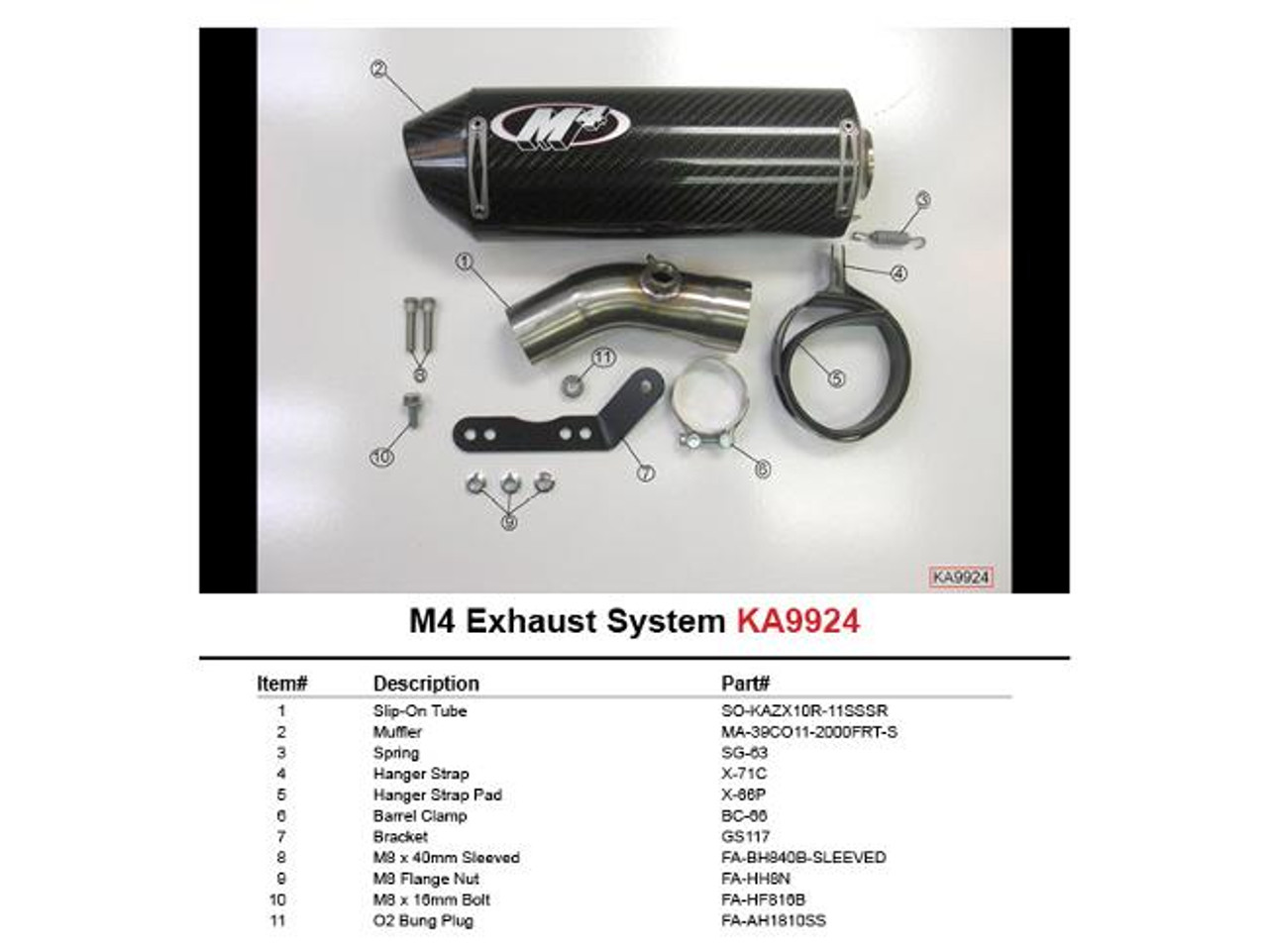 M4 Performance Exhausts M4 Street Slayer Carbon Slip On Exhaust Kawasaki ZX-10 (11-15), image showing the exhaust muffler with carbon fiber finish along with various mounting hardware including bolts, springs, clamps, and brackets arranged on a white background.