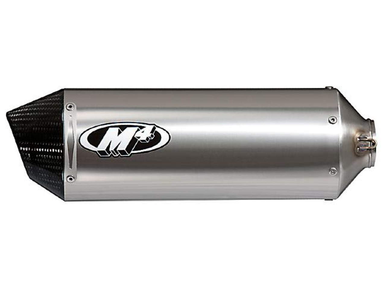 M4 Performance Exhausts M4 Street Slayer Titanium Slip On Exhaust Kawasaki ZX-10 (08-10), a high-performance motorcycle exhaust with a sleek titanium finish and black carbon fiber end cap.